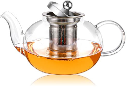 AHAQU Glass Teapot with Infuser, 1000ml/35oz Large Tea Pot with Stainless Steel Filter, Teapot Infusers for Loose Tea, Blooming Tea, Coffee