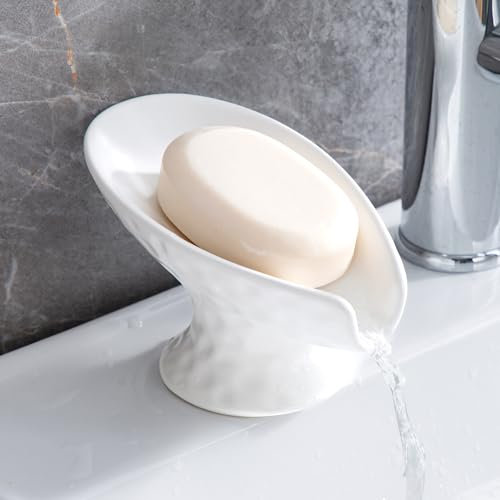 Porte-savon auto-drainant, en forme de feuille, porte-savon en céramique blanc mat pour salle de bain, cuisine, douche, garde le savon sec, facile à nettoyer (blanc mat)
