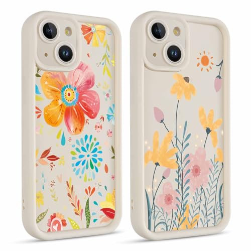 Kueqeay 2 Pezzi Cover per iPhone 14 6,1”, Custodia Opaca Aesthetic Fiore Motivo Disegno Ultra Sottile TPU Morbida Silicone Antiurto AntiGraffio Bumper Protettiva Case, 15