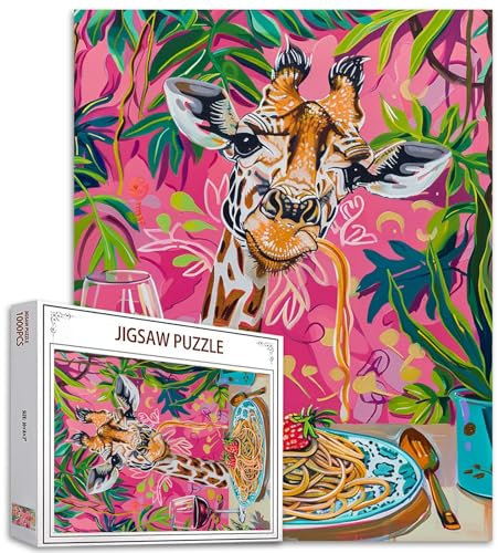 Giraffe Jigsaw Puzzles for Adults,1000 Pieces, Animals Dining Pictures (Wine Pasta) Pink Tropical Plants Puzzle,Birthday Gifts,Multicolor DIY Jigsaw Puzzles for Family Decor,Perfect for Games Nights