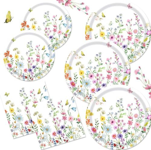 APDECCLK Wildflower Party Decorations Tableware Set, Includes Floral Plates and Napkins for Spring Picnic Birthday Baby Shower Garden Tea Party Serves 16 (Wildflower)