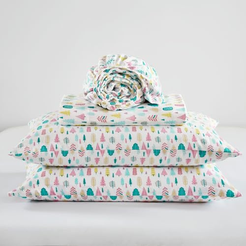 Intelligent Design Set di lenzuola in flanella di cotone 100% morbido, traspirante, con stampa festiva e adorabile, lenzuolo con angoli profondi per materassi fino a 40,6 cm, alberi bianchi per le