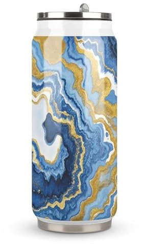 JTKLQBN Exquisiter Cola-Becher, Cola-Becher mit Deckel und Strohhalm, 400 ml, Wasserfarben-Druck, Vollbild, Blau / Gold