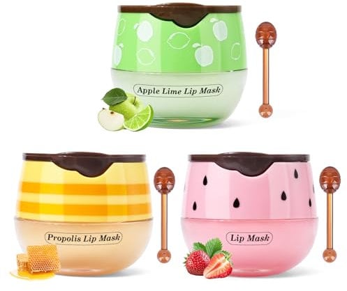 KYDA 2 Pcs Honey Lip Mask Set, Propolis Moisturizing Lip Mask for Day&Night Lip Care, Lighten Dark Lip Color Reduce Lip Lines&Wrinkle, Lip Repair Mask Lip Exfoliator (Honey+Strawberry+Apple Lime)