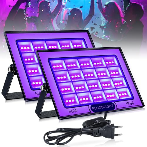 BOWEICORE 2 Stück 50W UV Schwarzlicht, IP66 Wasserdichte Blacklight Schwarzlicht Led Strahler, UV Licht Schwarzlichtlampe, für Disco, Glow Party, Halloween Deko, Bühnenbeleuchtung, Party Zubehör