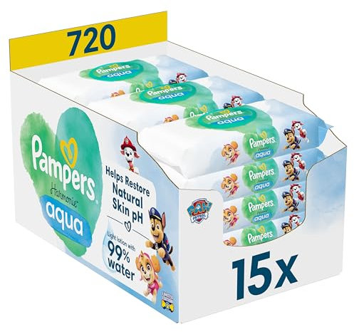 Pampers Harmonie Aqua Lingettes Pour Bébé 15 Paquets De 48 Lingettes = 720 Lingettes, Aident à restaurer le pH naturel de la peau, lotion douce avec 99% d’eau