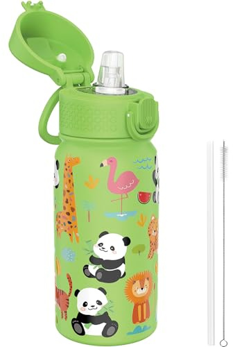 GOPPUS 350ml/12oz Kids Stainless Steel Water Bottle with Straw Toddler Drinks Bottle with Handle Small Insulated Bottles for Girls Boys School Cold Metal Flask with Flip Top Lid BPA Free (Green Panda)