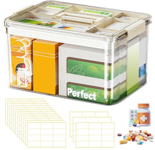 Mapille Caja de Almacenamiento Médica, 32x22x17cm Caja para Medicamentos Organizador Medicamentos de 2 Niveles Caja de Farmacia de Plástico Multifunción Caja de Medicamentos con Asa y Etiqueta