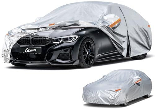 Kayme Autoabdeckung Limousine, Autoplane Wasserdicht Atmungsaktiv, Auto Abdeckplane für Regen Sonne Staub Schutz, Auto Abdeckung für Audi A4/A5, BMW 3er E90 F30 G20 etc. Siehe AutoGrößentabelle A9