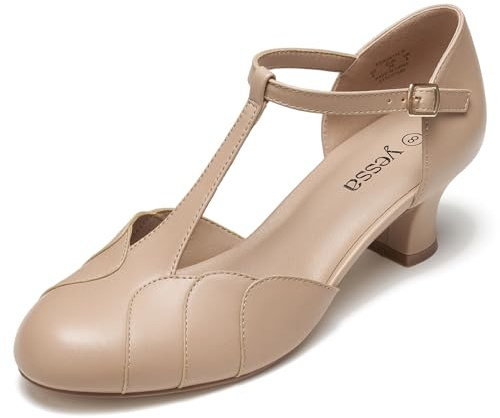 YESSA Character Shoes 2 Dance Shoes for Women T-Strap 1920s Flapper Shoes for Ballroom Latin Salsa Folklorico Flamenco Tango Swing Wedding Gatsby Shoe 7.5 Tan
