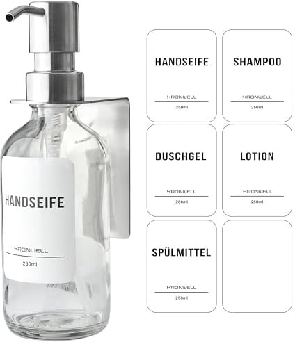 KRONWELL® Seifenspender Wandbefestigung ohne Bohren - Pumpspender für Bad & Küche - Glas Spülmittelspender Wandmontage - Wandseifenspender - 250ml - Klar