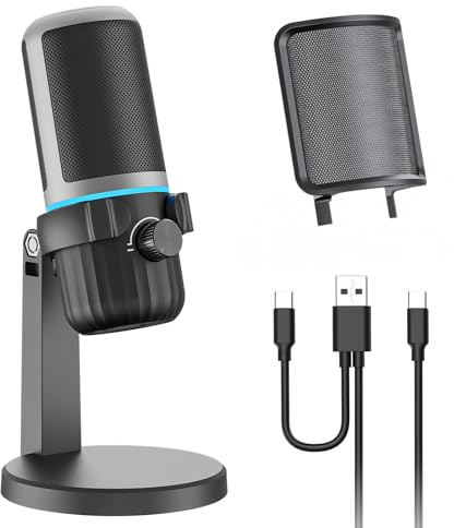 CMOCIIY USB Kondensator Gaming Mikrofon, PC Mikrofon für Streaming, Podcasts, Aufnahme, Desktop Computer Mic mit Stummschalttaste & LED-Anzeige, Lautstärkeregler, Kopfhöreranschluss