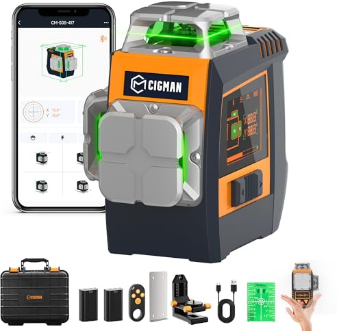 CIGMAN S05 Nivel Láser 3x360° Verde Autonivelante con APP y Gestos | Pantalla digital lateral, modo estroboscópico para exteriores, mando remoto y 2 baterías Li-ion intercambiables