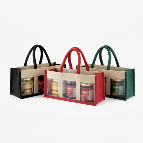 Christmas Jute Jar Gift Bag with Window – Holds 3 Small Jars or Candles – Red/Green/Black – Eco Reusable, Short Handles, 12 x 25 x 9 cm – Ideal for Jam, Honey, Wax Melts (Green)