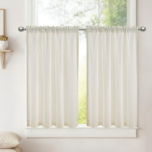 DWCN Scheibengardinen Modern Leinen Natural Vorhänge H90xB60cm 2 Stück Kurz | Halbtransparent Küchengardinen für Bistrogardine Badezimmer Schrankvorhang Balkon Fenstervorhänge Landhausstil