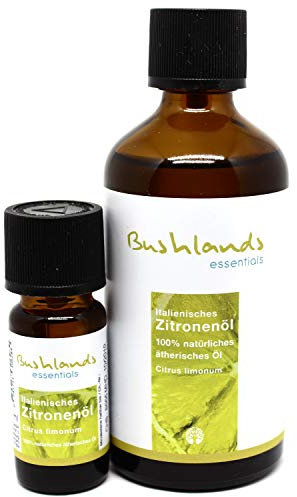 Bushlands Essentials Olio di limone (agrumi limonum) 100 ml + bottiglia da viaggio da 10 ml – Olio essenziale italiano puro al 100%.