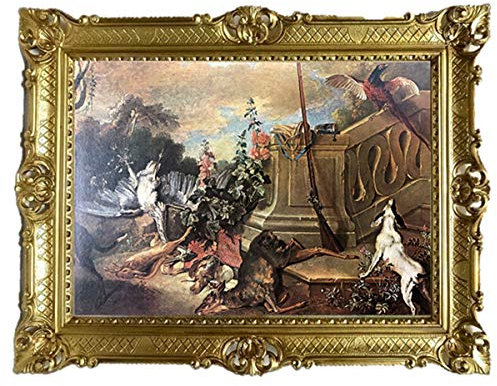 Lnxp Bild Bilderrahmen Foto 90x70 cm Jagd Hunde Gewähr Exklusive Reproproduktion Bilder mit Rahmen Barock Wandbild Kunstdrucke Gemälde Retro Repro antik für Café Bar Home Büro Praxis 58B