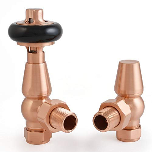 Hot Flow Brushed Copper Shannon Angled Modern TRV Thermostatic Radiator Valve (Pair) Includes Angled TRV Body & One Lock Shield for Quick & Easy Temperature Control. Perfect for Energy Saving.