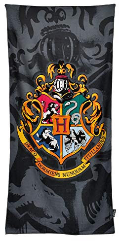Elbenwald Harry Potter Strandtuch mit Hogwarts Häuser-Wappen Motiv 90x180cm grau