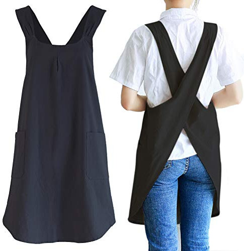 NEWGEM Japanese Linen Cross Back Kitchen Cooking Aprons for Men with Pockets for Baking Painting Gardening Cleaning Black