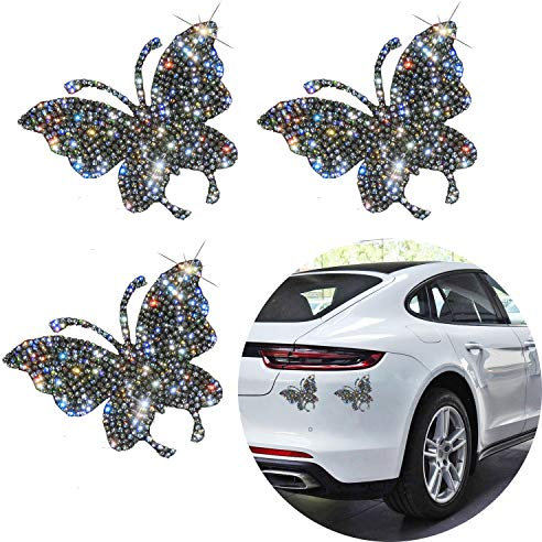 3-teilige Kristall-Autoaufkleber, Bling Schmetterling Kristall Strass Auto Aufkleber Aufkleber, Bling Schmetterling Auto Dekorationen Strass Zubehör für Autos Stoßstange Fenster Laptops Gepäck.