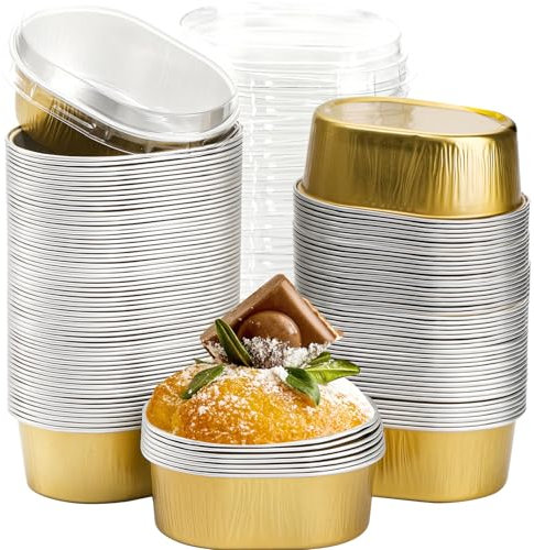 Dicunoy 100 Pack Mini Aluminum Foil Baking Cups with Lids, 3 OZ Disposable Ramekins with Lids, Muffin Liners Containers, Cheesecake Pots, Individual Pie Tin Cup for Dessert, Creme Brulee, Cupcake