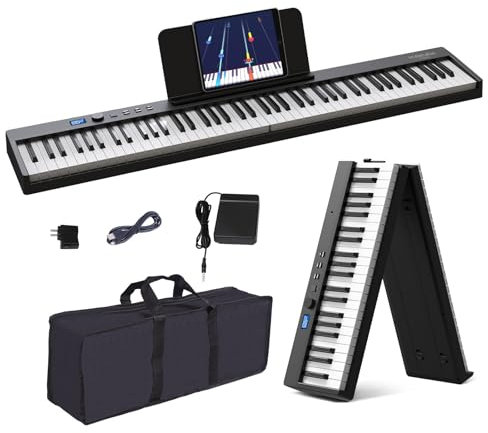 KONIX Foldable Piano Keyboard, 88 Key Full Size Semi Weighted Folding Piano Keyboard, Bluetooth Portable Electronic Keyboard Piano with Sheet Music Stand, Sustain Pedal and Piano Bag, Black