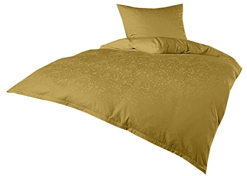 Bettwaesche-mit-Stil Mako Satin Damast Bettwäsche Ornament Garnitur 100% Baumwolle 140x200 + 70x90, Gold