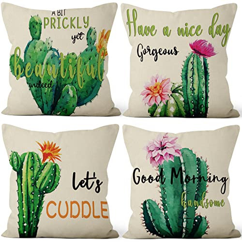 Aoihrraan 41x41cm 4er Set Decorativo Kissenbezug Grüner Kaktus Blume Grünpflanzen Quadratische Dekokissen Aus Mit Unsichtbarem Reißverschluss Leinen Zuhause Dekor Kissenhülle Schlafzimmer Garten Sofa
