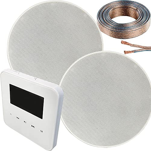 Loops 100W Speaker System - Bluetooth In-Wall Mounted Amplifier - 2x 70W 5.25 Slim/Low Profile Ceiling Speaker Kit - Wireless Music Streaming Amp