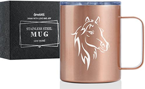 Onebttl Horse Gifts for Girls, Women, Horse Lovers, Insulated Stainless Steel Coffee Mug with Lid and Handle, Equestrians Gifts for Birthday, Christmas, 350ml, Rose Gold
