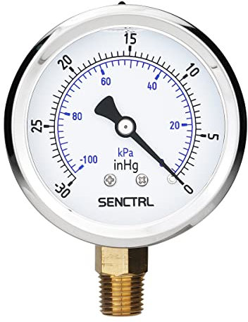 SENCTRL 30 inHg Vacuum Silicone Oil Liquid Filled Low Pressure Gauge, 2.5 Dial Size, 1/4 NPT Lower Mount, Stainless Steel Case, for Air Conditioning Manifolds, Car AC, HVAC, Air Pump Vacuum Test