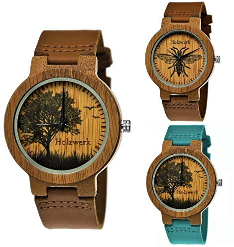 Holzwerk Germany Handgefertigte Designer Damen-Uhr Herren-Uhr Öko Natur Holz-Uhr Leder Armband-Uhr Save The Trees Analog Klassisch Quarz-Uhr Braun Baum Natur Motiv Limitiert