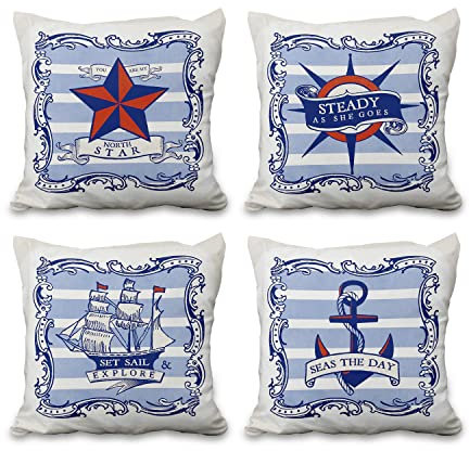 Aoihrraan 16 x 16 Inch Nautical Explore Cushion Covers Ship North Star Sea Anchor Compass Square Linen Throw Pillow Covers Home Decor For Summer Bedroom Living Room Outdoor Sofa, 41x41cm Set of 4