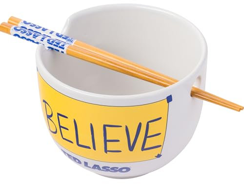 Silver Buffalo Ted Lasso Believe Ceramic Ramen Noodle Rice Bowl with Chopsticks, Microwave Safe, 20 Ounces