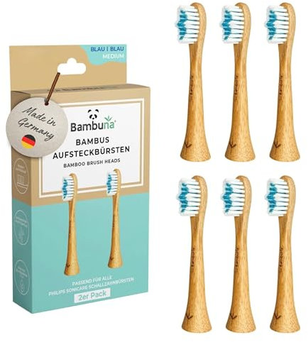 BAMBUNA Ersatzbürsten für Philips Sonicare Schallzahnbürste - Bürstenkopf aus Bambus - Aufsteckbürsten mittelweich - Bürstenkopf für Sonicare Zahnbürste - Made in Germany (blau/blau, 6er-SET)