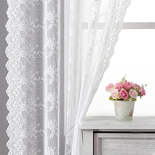 Kotile Weiße Spitzenvorhänge 274 cm lang – Vintage Ranke Blumen bestickte durchsichtige Spitzenvorhänge für Wohnzimmer, Stangentasche Sichtschutz Spitze Fenstervorhänge 2 Paneele Set, 132x274 cm, Weiß