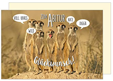 Edition Seidel Premium Glückwunschkarte zum Abitur mit Umschlag. Abiturkarte Karte Grusskarte Abi Prüfung lustige Tierkarte Erdmännchen Junge Mädchen (PR123 SW023)