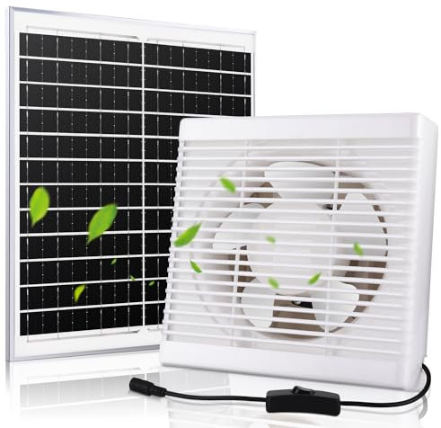 Fanspex Ventilateur à énergie solaire, panneau solaire de 20 W + kit de ventilateur d'échappement de 25,4 cm pour serre, abri de jardin, grenier, poulailler, faible bruit, jusqu'à 380 CFM