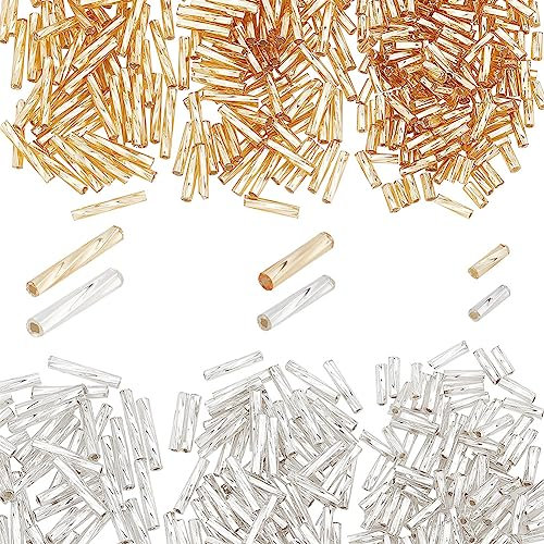 PH PandaHall 480pcs Twisted Bugle Beads, Metallic Bugle Beads 6/9/12mm Glass Long Tube Seed Bead Loose Spacer Beads with 6 Container Bottles for Earring Bracelet Necklace Jewellery Making