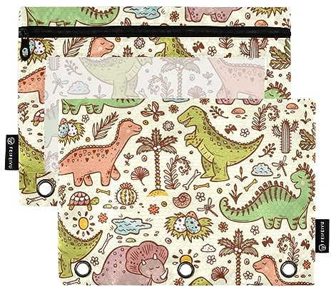 Niedliches Cartoon-Dino Rex Triceratops 3 Ringbücher Federmäppchen 2 Stück Aktenordner für Büro Prüfung Reißverschluss Schreibwaren Tasche