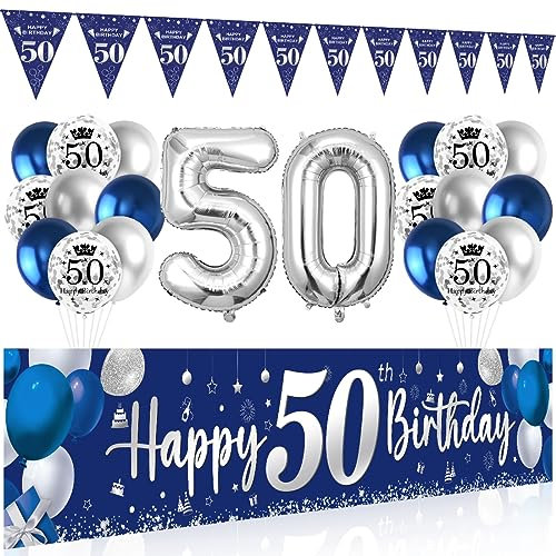 50. Geburtstag Deko für Mann und Frau - Happy Birthday Banner Blau Silber, Luftballons, Wimpel Girlande, Hintergrund Ballons Marineblau Silber für Männer Frauen Party