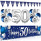 50. Geburtstag Deko für Mann und Frau - Happy Birthday Banner Blau Silber, Luftballons, Wimpel Girlande, Hintergrund Ballons Marineblau Silber für Männer Frauen Party