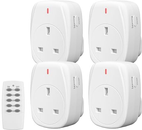 HBN Wireless Remote Control Plugs - 4 Pack Sockets and 1 Remote with 30m/100ft Range for Christmas Lights