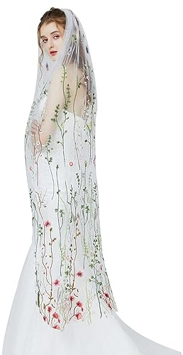 BEAUTELICATE Brautschleier Tüll Schleier mit Blumen Stickerei Böhmischer Schal für Braut Hochzeit Karneval Schwarz Weiß mit Metall Kamm 1 Schicht Walzerlänge Fingerspitzen Länge