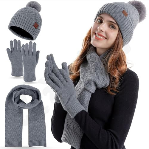 FUBABCO Wintermütze Schal Handschuhe Set Damen, Winter Warm Beanie Mütze Touchscreen Handschuhe und Lang Schal Set mit Fleecefutter Thermo Strickmütze Winterschal Winterhandschuhe (Grau)