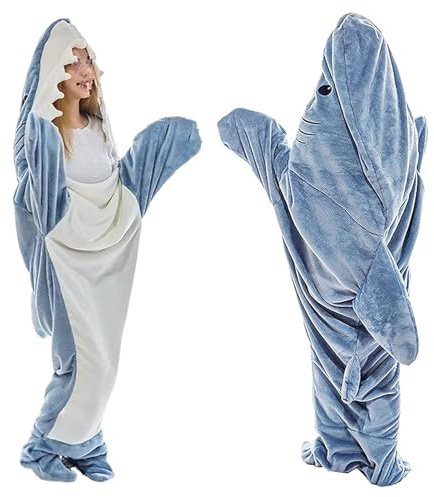 EBbels Hai Decke Erwachsene, Superweicher Flanell-Hoodie Hai Decke Schlafsack, Hai-Einteiler Tragbare Decke Für Erwachsene Jungen Und Mädchen, Cosplay-Hai-Kostüm (Blau-190×90cm)
