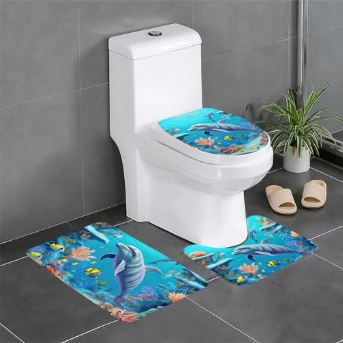 Badezimmerteppich-Set mit Meeresboden, Korallen, Fischen, Delfinen, bedruckt, 3-teiliges Set mit Toilettenbezug, weich, rutschfest, saugfähig, Flanell, WC-Vorleger für Badezimmer, Teppich-Set,