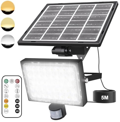MEIKEE Luz Solar Exterior Con Sensor de Movimiento, 78 LED 3000LM Foco Solar, Mando a Distancia, Regulable 2700K-6500K, 5 Modos, IP66 Impermeable Luces Solares Exterior Jardín Con Cable de 5m