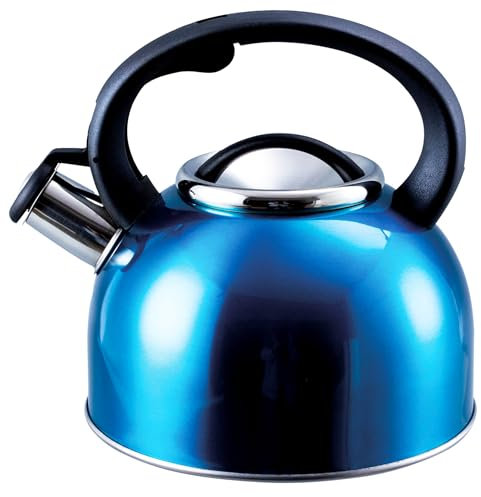 Liberty Leisure 2.5L Blue Whistling Kettle - Stainless Steel Camping Kettle for Gas Stove - Portable Kettle for Travel, Hiking, Caravan, Motorhome & Camping Essentials